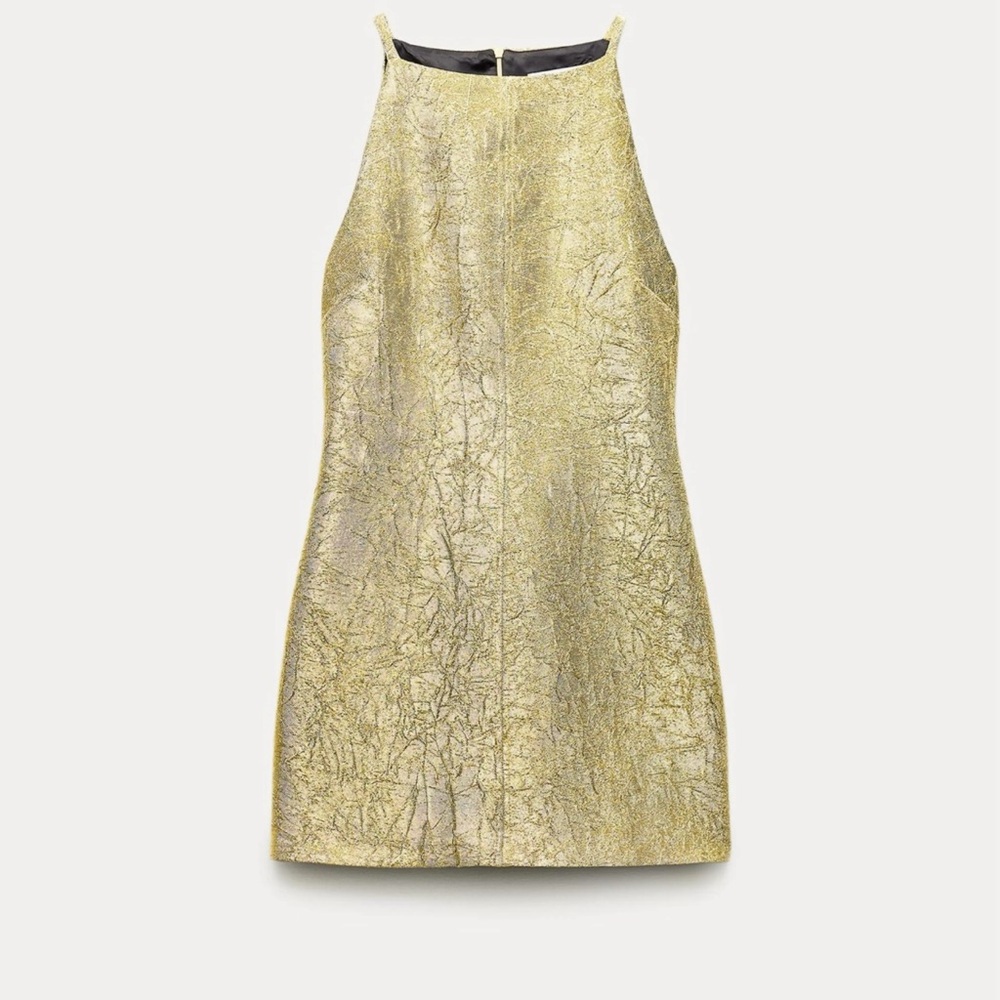 ZARA Gold Halter Sparkly Dress. A-Line Above Knee & Mini